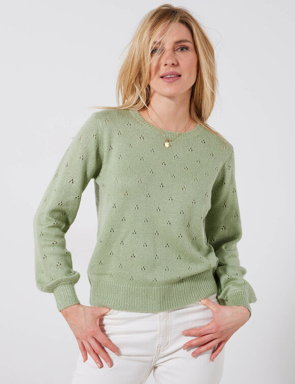 Pull col rond, maille pointelle toucher doux (vert d'eau) Pull col rond, maille pointelle toucher doux (vert d'eau)